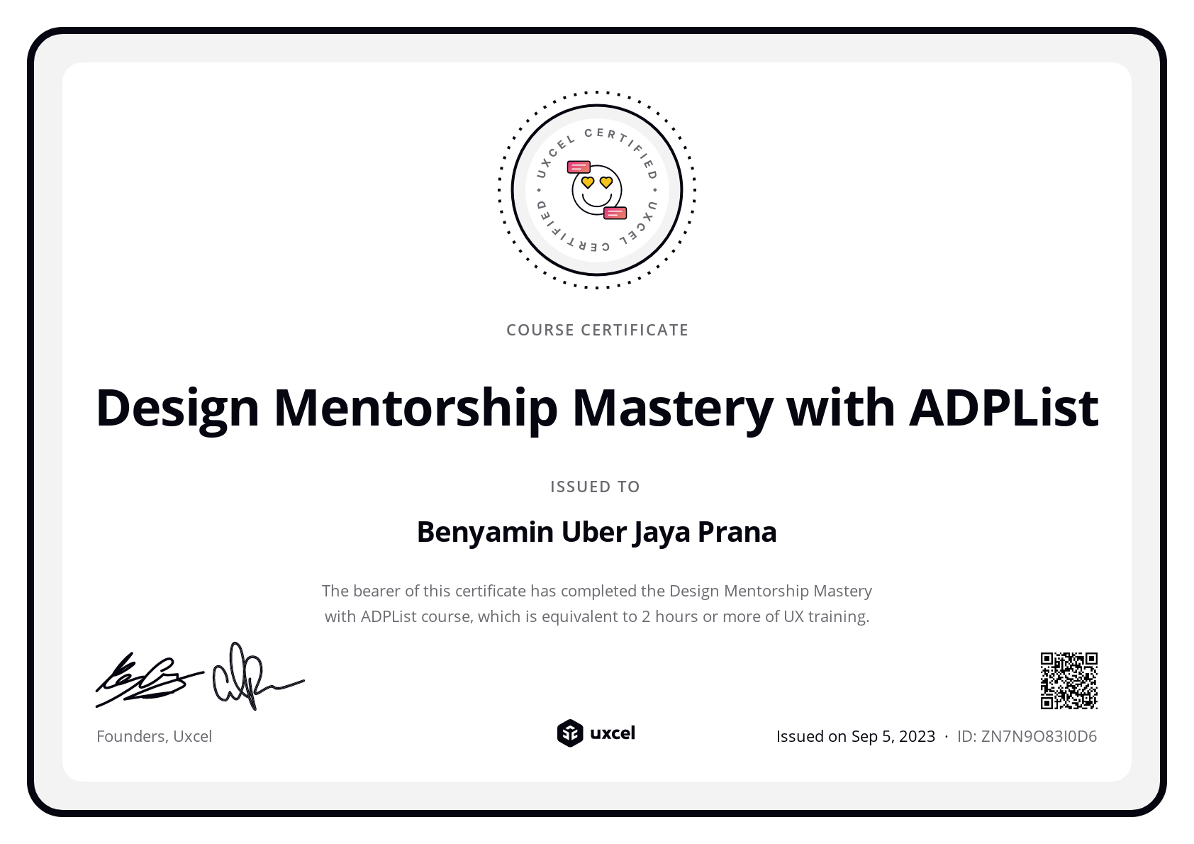 Benyamin Uber Jaya Prana's certificate